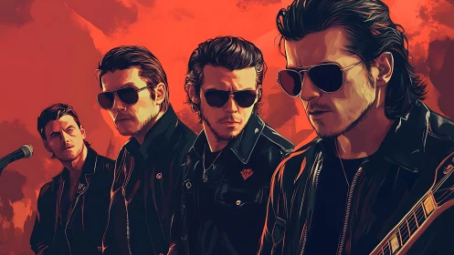 Stylized rock band portrait in high-contrast vector shading and red