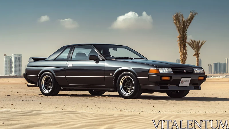 Dark grey 1980s coupe car parked on sandy desert edge