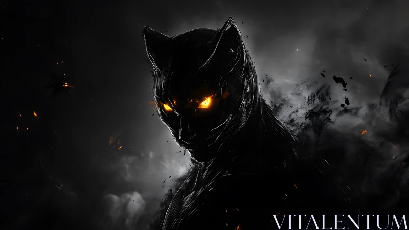 Dark feline silhouette with molten ember-glowing eyes.