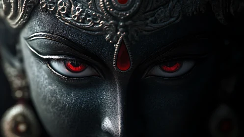 Dark divine face close up with red glowing eyes and jewels