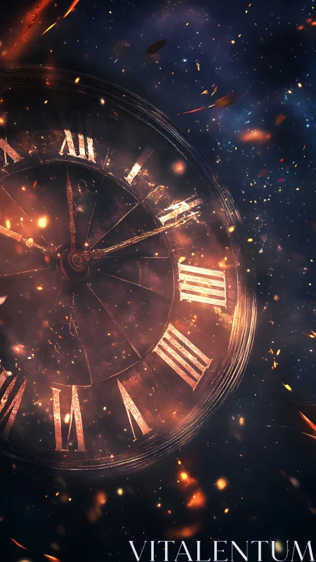 Roman numeral clock face appears amid dispersed glowing particles