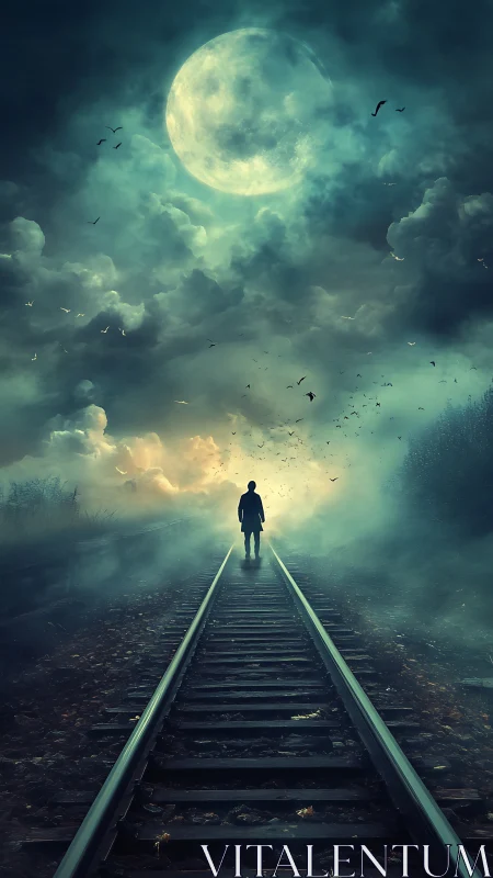 Silhouette walks along misty railway toward oversized moon