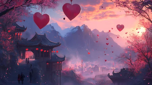 Asian Mountainscape with Floating Heart Iconography and Pink Architectural Synthesis
