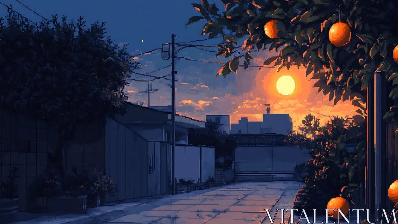 Urban street at sunset with orange tree in pixel style.