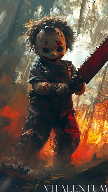 Masked horror doll with chainsaw in burning forest.