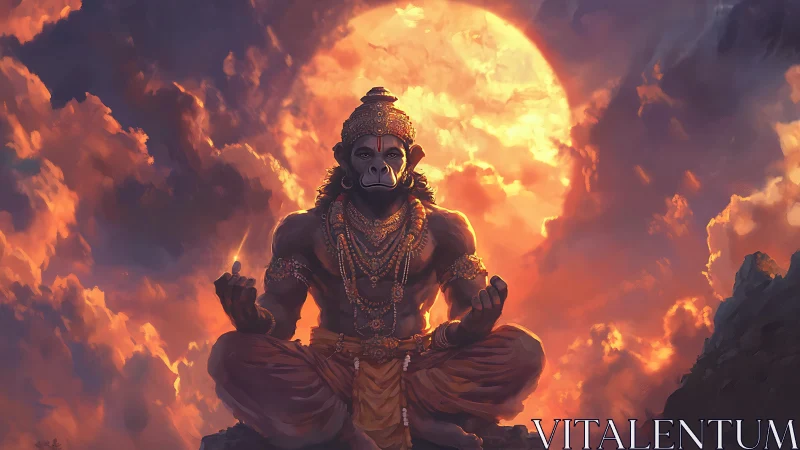 Divine simian yogi in fiery celestial sunset meditation.