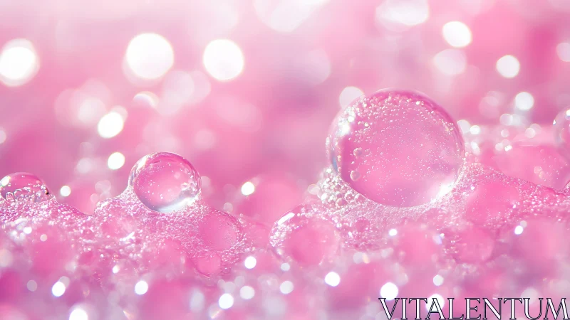 Macro dew spheres over luminous pink bokeh field.