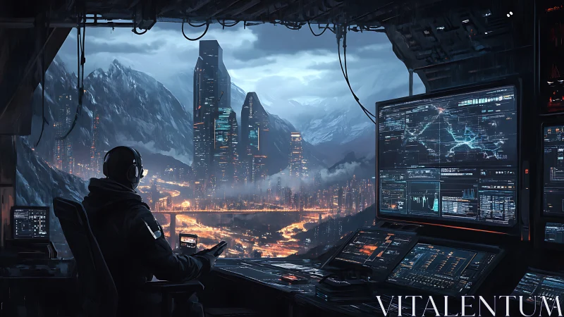 Lone operator monitors futuristic city from mountain hideout.