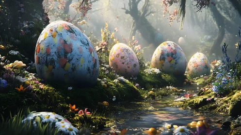 Enchanted forest stream cradles giant speckled spring eggs