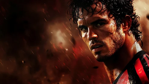 Storm-lit striker glaring through cinematic ember rain.