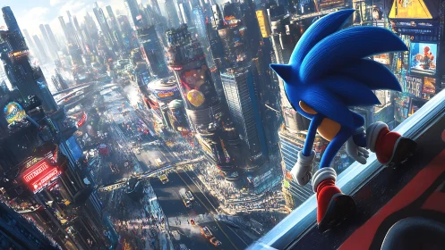 Blue speedster overlooks dense neon sci‑fi megacity skyline.