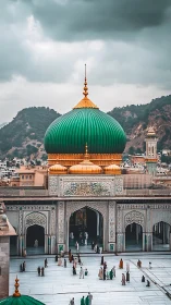 Green domed mosque courtyard under dramatic mountain sky.