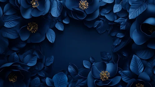 Blue flowers with golden stamens arranged on dark navy background