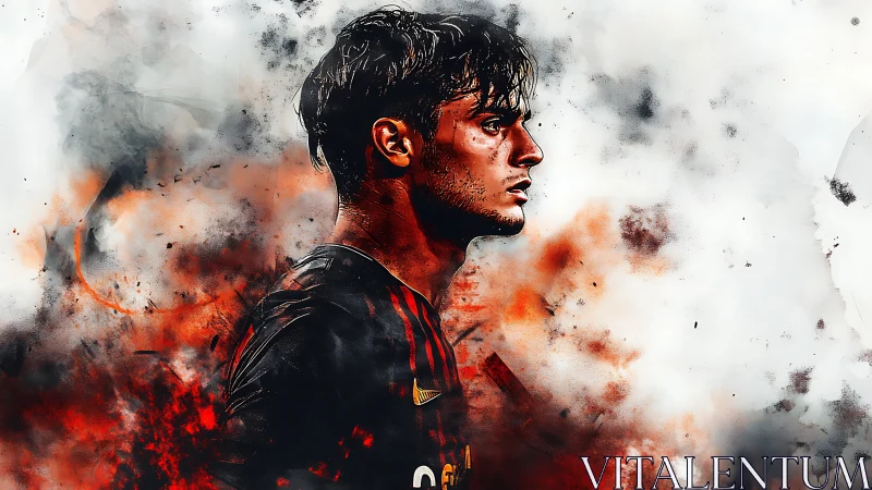 Focused young athlete surrounded by swirling fiery energy.