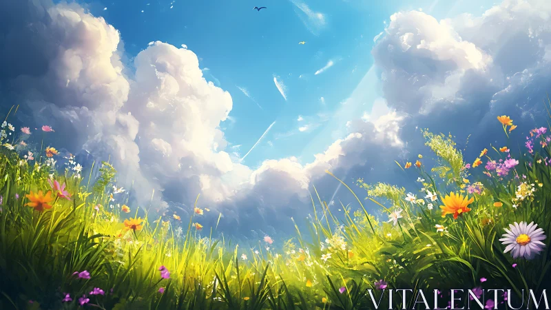 Sunlit meadow dreaming beneath cathedral clouds of summer.