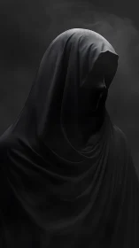 Shrouded silhouette leans quietly into the velvet dark