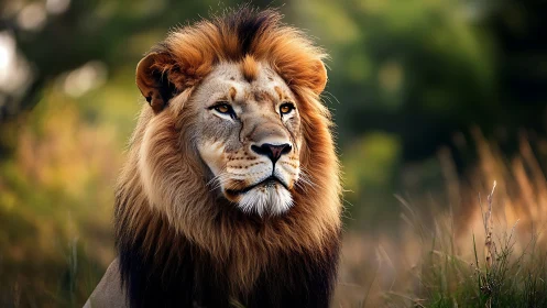 Photorealistic lion portrait with shallow-depth savanna bokeh.