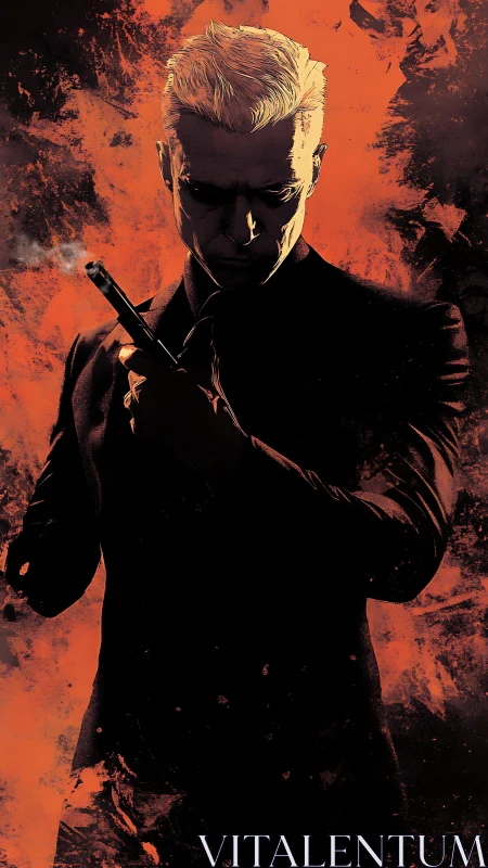 Solitary gunman stands in stark silhouette against burning backdrop