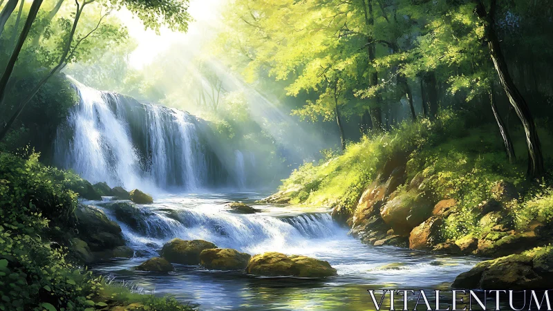 Luminous Forest Waterfall Cascade Through Green Woodland.