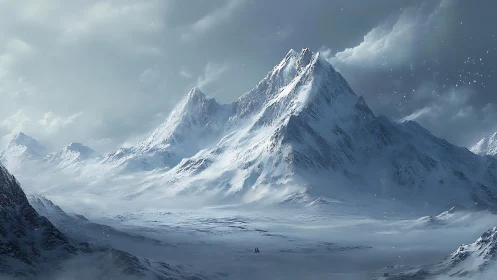 Silent snowcapped mountain peaks rise over a vast frozen valley