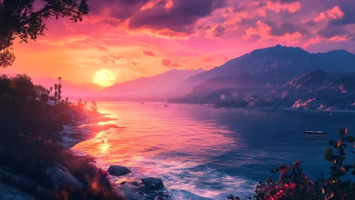 Crimson sunset tide painting mountains in luminous dreamlight.