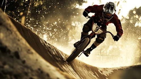Dust-slicing BMX racer rockets through golden dirt storm.