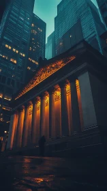 Neoclassical fa&ccedil;ade glowing beneath cold glass towers.