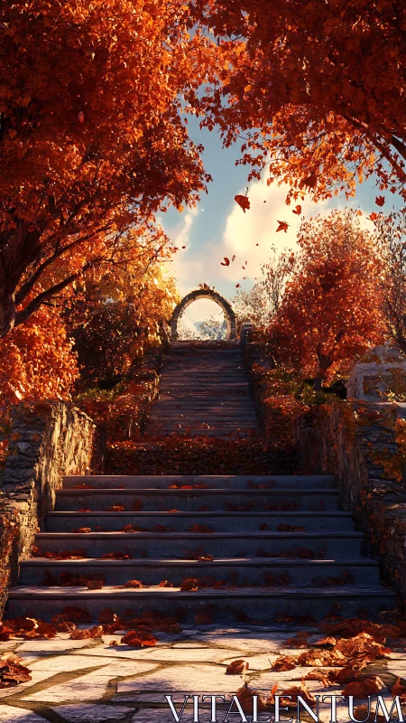 Stone stairway ascends toward circular arch in autumn foliage