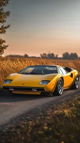 Yellow wedge-shaped supercar on rural road under warm sunset light