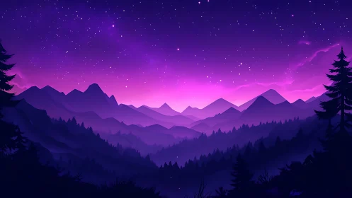 Layered violet mountain forest under high contrast starfield sky