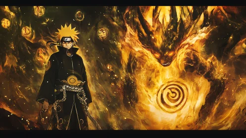 Orange-clad figure and fiery beast in swirling energy field.