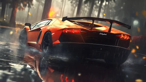 Aerodynamic supercar under wet-motion dynamic lighting.