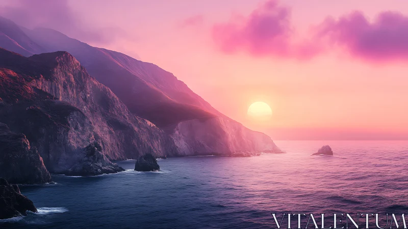 Coastal cliffs and sun over calm ocean at pastel dusk.