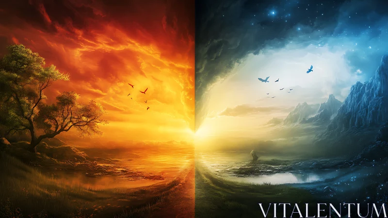 Bifurcated fantasy landscape with fiery dusk and icy night