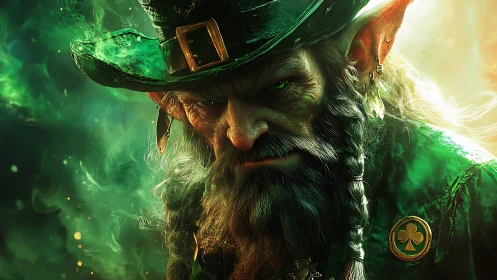 Brooding leprechaun portrait under swirling emerald smoke.