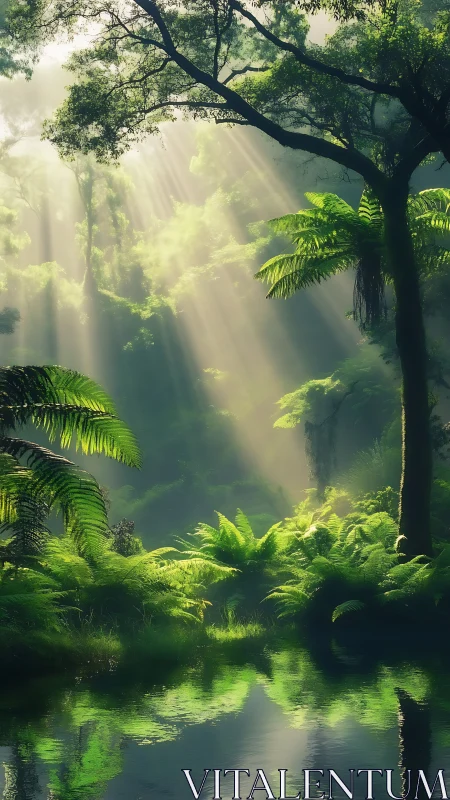 Sunlit rainforest glade with reflective emerald pool.
