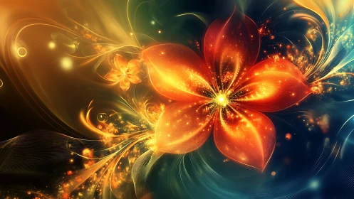 Glowing abstract orange flower radiates light in dark space