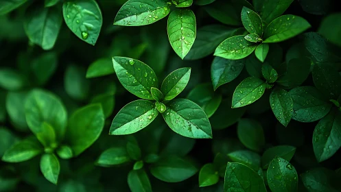 Wet green foliage with close-up view of glossy leaves.