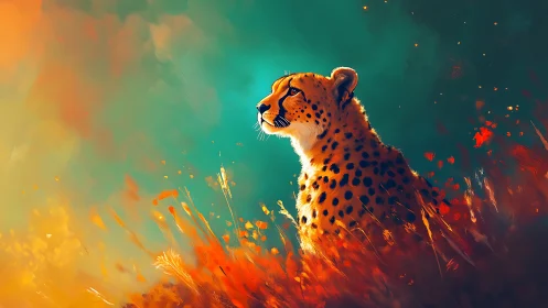 Sunset sentry cheetah bathing in wildfire-colored grasslands.