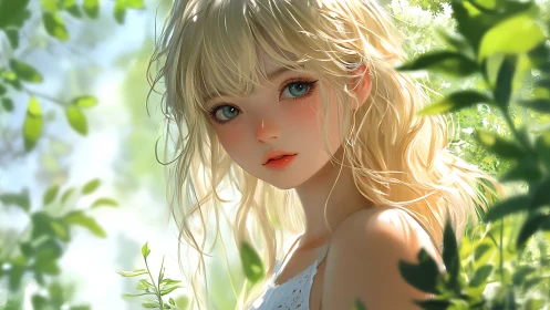 Blonde female character portrait in soft outdoor greenery.