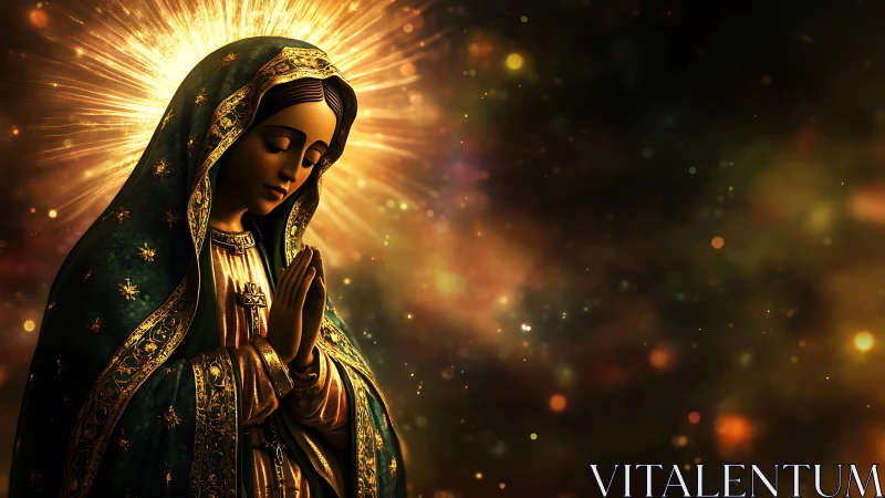 Gilded robed madonna figure in prayer with radiant halo