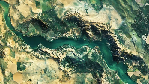Satellite view of winding reservoir amid arid terrain.