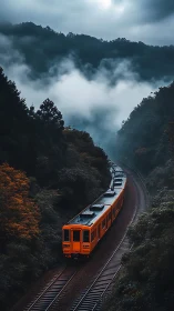 Orange mountain train cuts through misty forest curves.