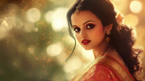 Elegant Indian woman in traditional attire, soft golden bokeh portrait.