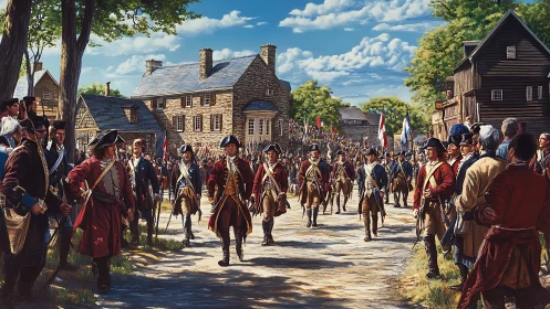 Colonial soldiers march through a lively Revolutionary town street