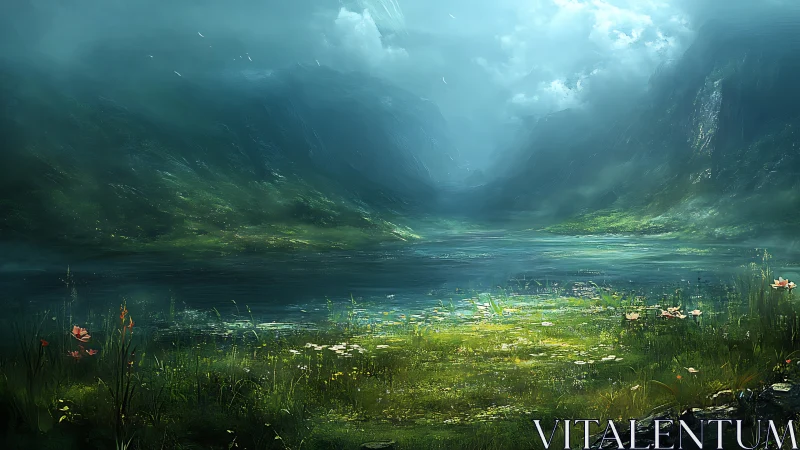 Misty mountain lake with wildflower shoreline at dawn.