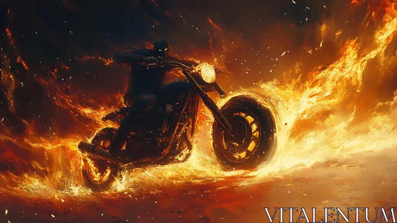 Motorcycle rider cutting through swirling flames at speed.