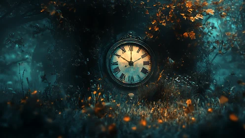 Large clock face is embedded within dense forest vegetation