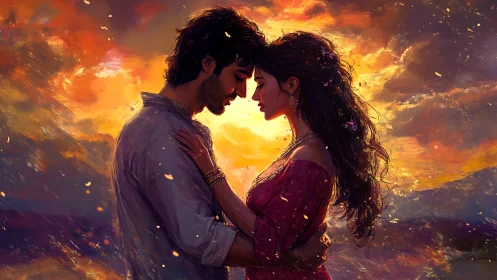 Embrace Against Inferno: Romantic Digital Portrait in Flames.