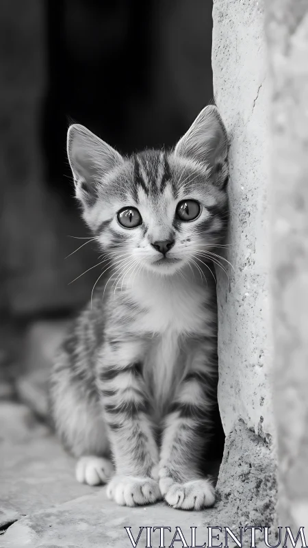 Young Tabby Kitten Emerging From Shadow Behind Concrete Wall